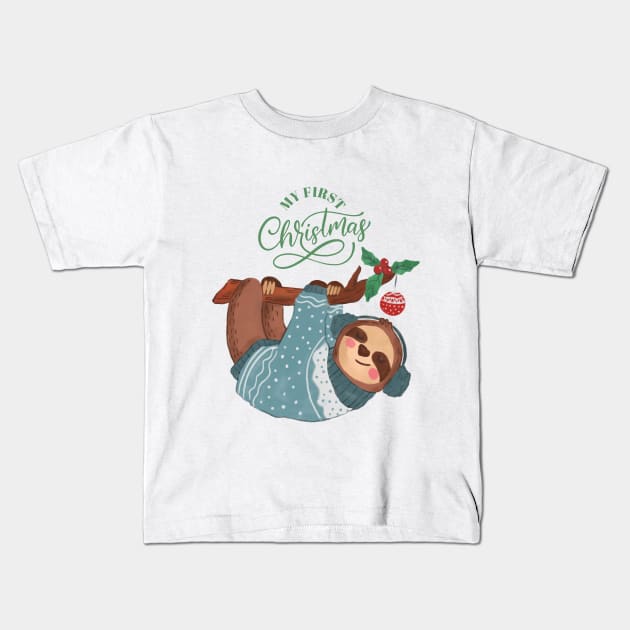 Baby's First Christmas, New Baby Gift sloth Christ Baby Kids T-Shirt by Sruthi